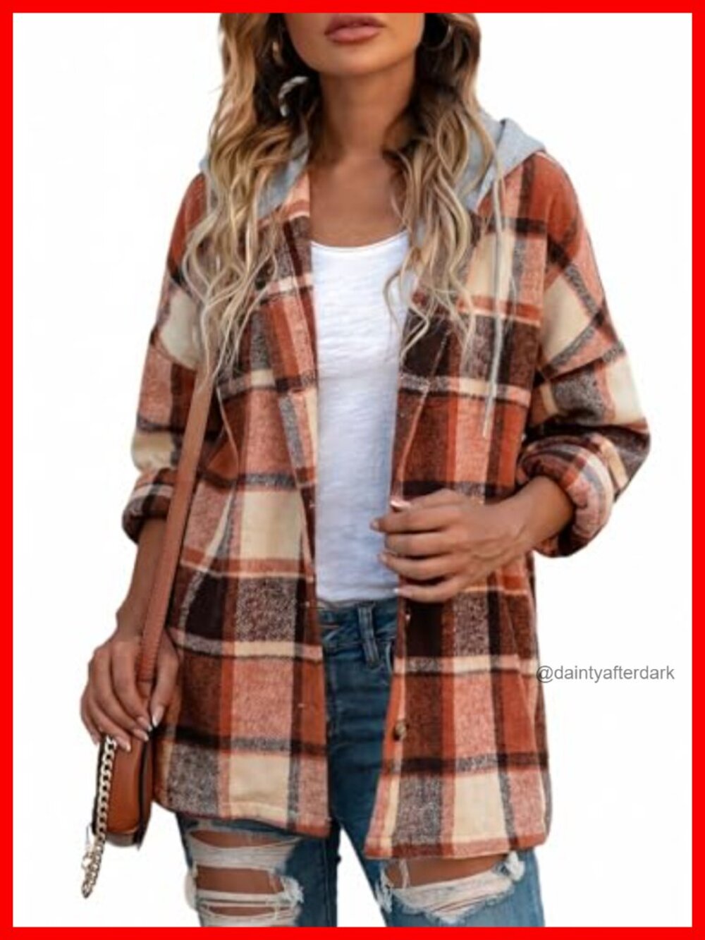 Hooded Plaid Flannel Shacket Button Down Loose Fit Shirt Jacket
